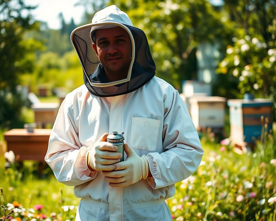 A beekeeper dressed in a full-body protective suit, standing in a lush, sun-dappled field. The suit is made of lightweight, breathable fabric with a mesh veil that protects the face. The beekeeper's gloved hands hold a smoker, ready to calm the buzzing hive. The background features blooming flowers and hives in the distance, creating a tranquil, natural setting. Soft, directional lighting illuminates the scene, casting subtle shadows and highlights on the beekeeper's attire. The composition emphasizes the importance of proper protective gear for a safe and enjoyable beekeeping experience.