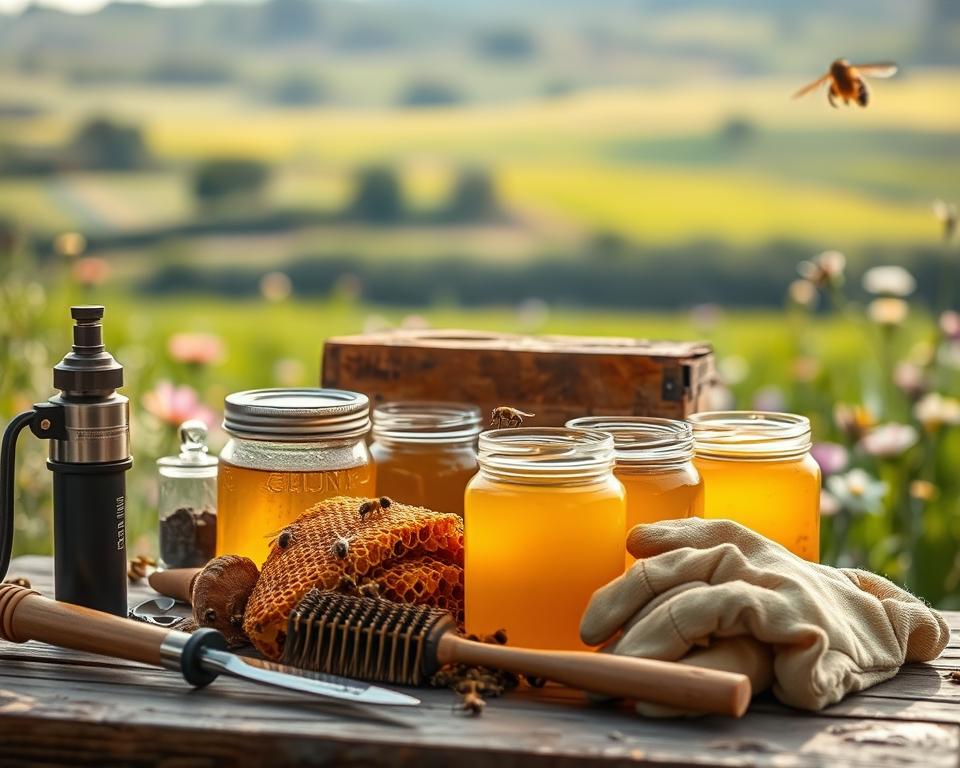 A beekeeping still life captured in soft, warm lighting. In the foreground, an array of essential tools - a smoker, a bee brush, and a pair of protective gloves. In the middle ground, a selection of jars filled with golden honey, surrounded by freshly harvested honeycombs. In the background, a blurred landscape of verdant fields and blooming flowers, hinting at the bountiful natural world that sustains these industrious insects. The overall composition evokes a sense of tranquility and the harmonious relationship between beekeepers and their apiaries.