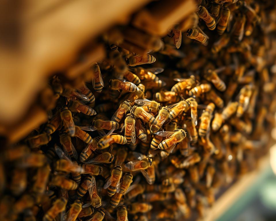 A close-up view of a beehive entrance, captured with a macro lens in natural daylight. The frame is filled with a swarm of industrious honeybees, their fuzzy bodies covered in pollen, busily flying in and out of the hive. The camera angle is slightly angled, providing a dynamic perspective that showcases the intense activity and energy of the hive. Warm, golden tones and soft, diffused lighting create a sense of tranquility, while the sharp focus on the bees' movements conveys the meticulous monitoring of their behavior. The background is gently blurred, drawing the viewer's attention to the fascinating details of the bees' work.