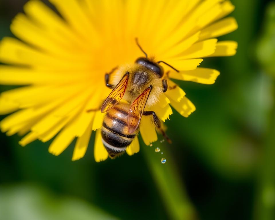 A close-up view of a worker honey bee gracefully alighting on a vibrant yellow dandelion blossom, its furry body and translucent wings illuminated by soft, natural lighting. The bee's pointed mandibles and compound eyes are in sharp focus, its pollen-laden legs a testament to its diligent foraging. The flower's delicate petals and verdant leaves form a lush, out-of-focus background, conveying a sense of tranquility and the industrious rhythm of the hive. Captured with a macro lens, this image showcases the intricate beauty and vital role of the honey bee in pollinating flowers and sustaining the ecosystem.