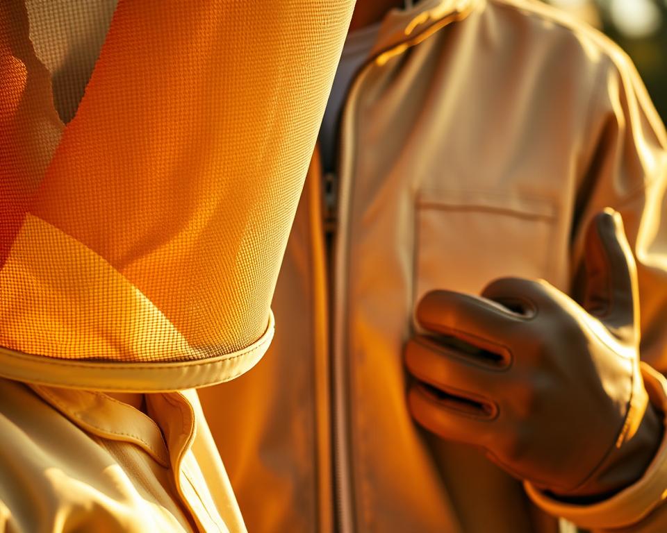 A close-up view of essential beekeeping protective gear, illuminated by warm, natural lighting. In the foreground, a beekeeper's veil with a fine mesh screen covers the face, providing a clear, unobstructed view. The middle ground features a long-sleeved jacket with a zipper closure, made of durable, lightweight material. In the background, a pair of thick, leather gloves with a reinforced grip, designed to protect the hands from stings. The overall mood is one of professionalism and safety, showcasing the key accessories that enable beekeepers to confidently and comfortably tend to their hives.