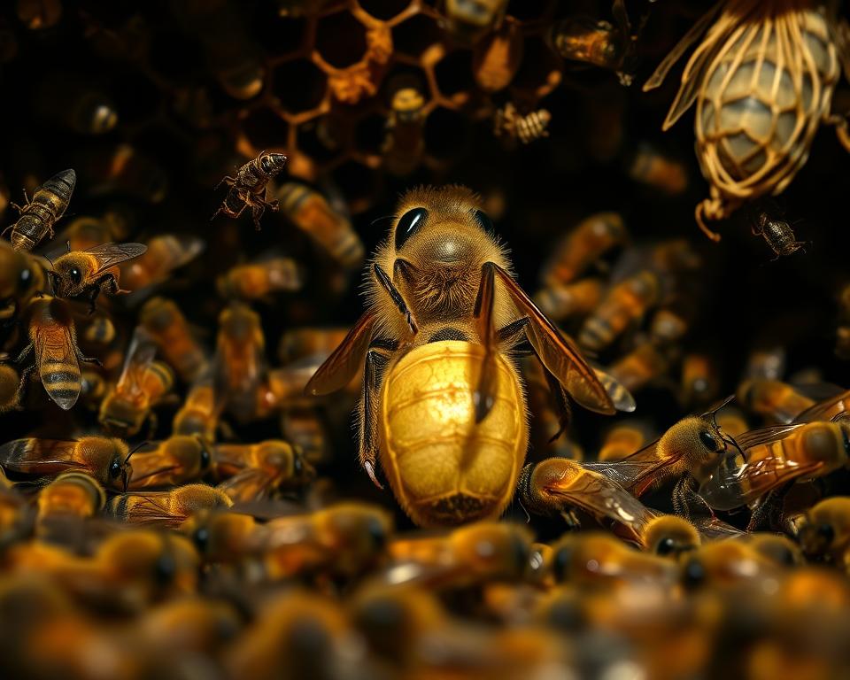 A dimly lit hive interior, the focus on a majestic queen bee surrounded by a swarm of worker bees. The queen's delicate form stands out, her abdomen swollen with eggs, her compound eyes watchful. Around her, shadowy threats loom - a parasitic mite, a sickly larva, and a shriveled honeycomb, hinting at the dangers that can undermine her health and longevity. Soft, warm lighting casts an ominous glow, conveying the fragility of the queen's role. The scene is shot from a low angle, emphasizing the queen's importance and the gravity of the situation. An atmosphere of concern and foreboding pervades the image, reflecting the need to address the common threats to queen bee longevity.