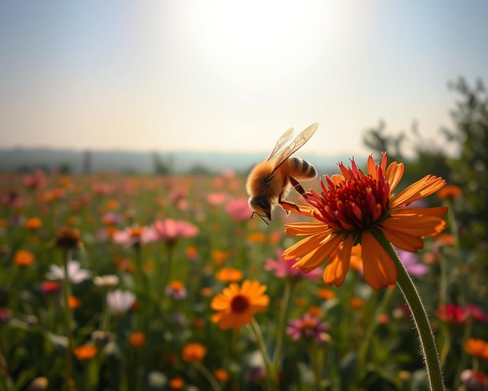 A lush outdoor scene showcasing the vital pollination role of honey bees. In the foreground, a close-up view of a honey bee delicately transferring pollen from vibrant, nectar-rich flowers. The bee's fuzzy body and translucent wings are captured in sharp focus, highlighting the intricate mechanics of this process. In the middle ground, a field of diverse blooming plants sways gently in a warm breeze, creating a picturesque natural landscape. The background features a soft, hazy horizon, with a clear blue sky overhead bathed in golden afternoon sunlight, casting a serene, natural ambiance across the entire scene.