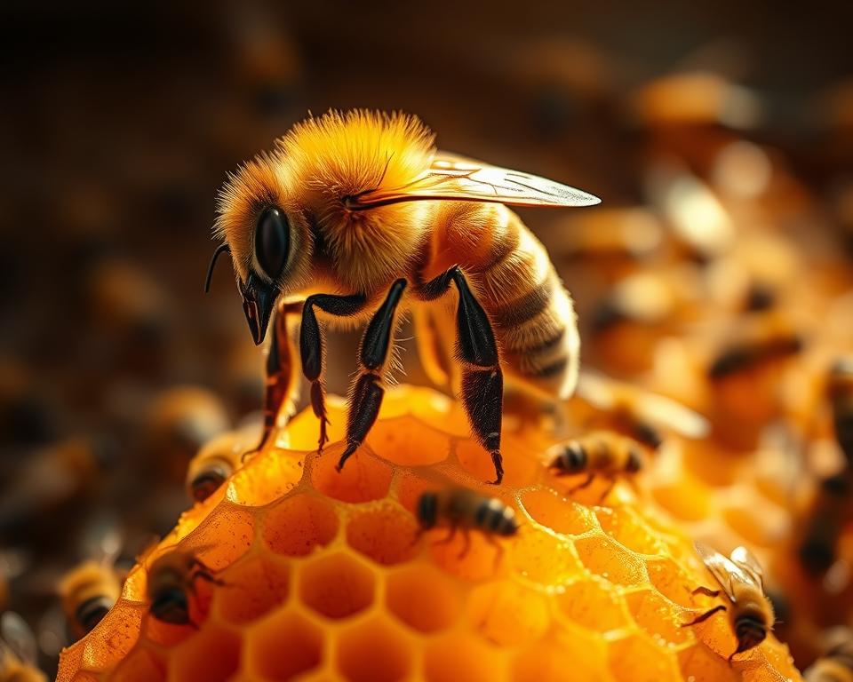 A mature, golden-hued queen bee, her elongated abdomen signifying her prodigious egg-laying abilities, rests atop a honeycomb structure. The hive is bathed in warm, honeyed light, casting a soft, radiant glow. In the background, blurred worker bees dart to and fro, tending to their duties. The scene conveys the queen's central role in the delicate balance and longevity of the hive, her life cycle a metronome for the colony's health and prosperity.