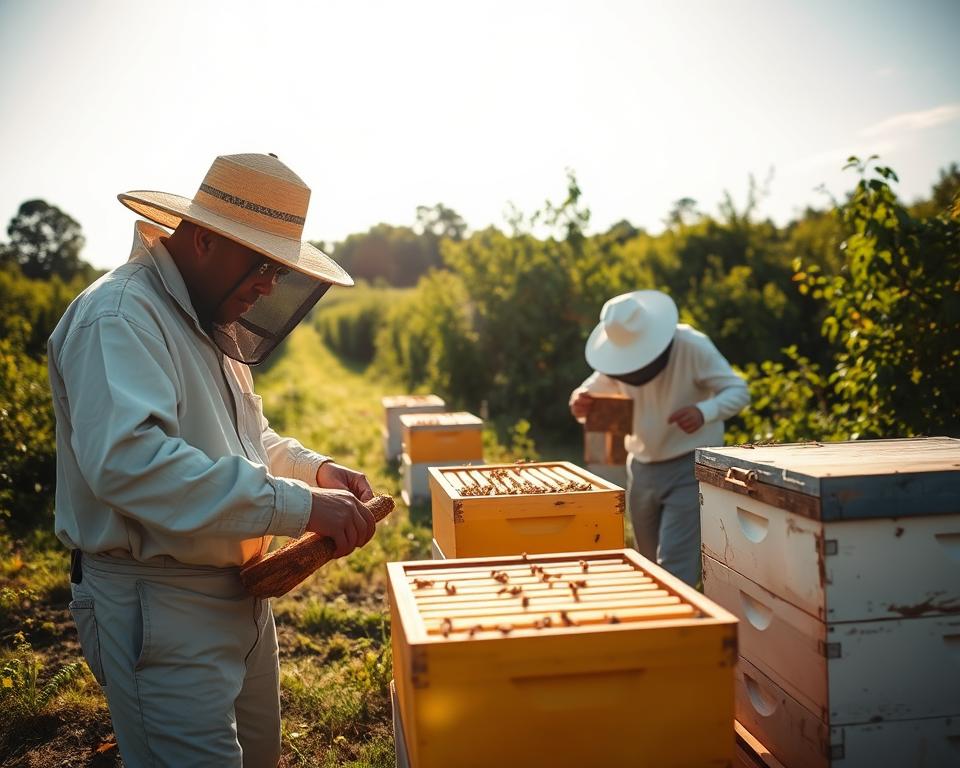 A serene apiary under a bright, warm sun. In the foreground, a beekeeper carefully inspects a beehive, observing the telltale signs of a colony in need of splitting. The middle ground showcases the delicate process, the beekeeper gently transferring frames between hives to establish a new colony. In the background, lush green foliage and a cloudless sky create a tranquil, pastoral atmosphere. The scene conveys the skill and care required to expand an apiary through responsible colony splitting, avoiding common pitfalls like queen loss or robbing. Crisp, high-resolution details capture the tactile experience of this essential beekeeping technique.