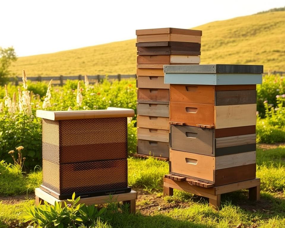 A serene, naturalistic scene showcasing a traditional Top-Bar Hive and a modern Langstroth Hive side by side in a lush, verdant apiary. The Top-Bar Hive, with its curved top bars and natural comb structure, stands in the foreground, bathed in soft, golden afternoon light. The Langstroth Hive, with its stacked boxes and frames, occupies the middle ground, providing a contrasting visual element. In the background, a verdant garden of flowering plants and a gently sloping hill create a tranquil, bucolic atmosphere. The scene conveys the essence of the "Top-Bar Hives: A Natural Approach" section, highlighting the key differences between these two hive types in a visually engaging and informative manner.