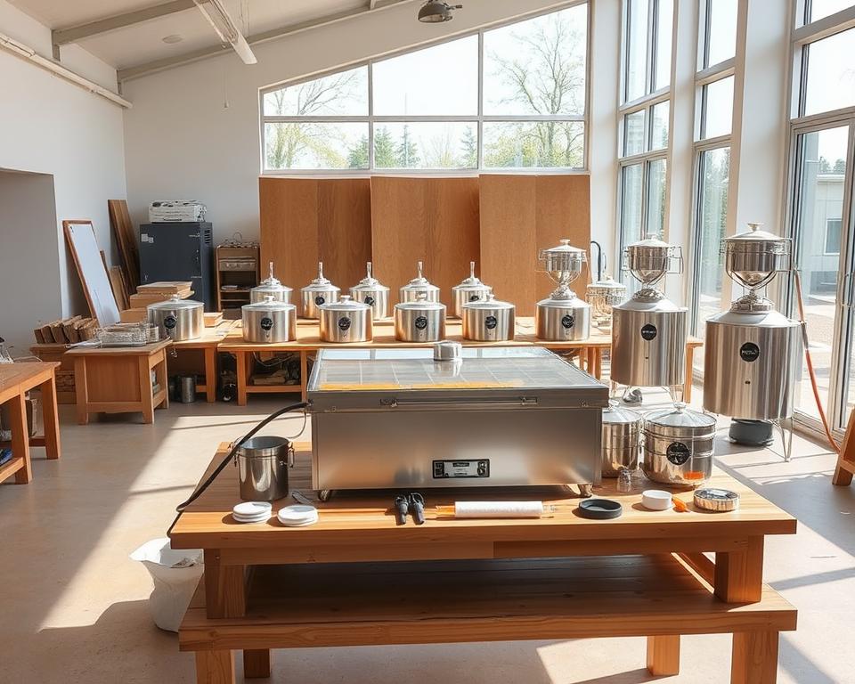 A state-of-the-art solar wax processing equipment set up in a bright, airy workspace. In the foreground, a large, glass-topped solar wax melter sits on a sturdy wooden table, its transparent lid allowing sunlight to penetrate and melt the wax. Surrounding it, various tools and accessories, such as wax collection containers and filters, are neatly arranged. In the middle ground, a series of smaller, individual solar wax melters are positioned, each with its own unique design and functionality. The background features a large, panoramic window, allowing ample natural light to flood the space and creating a warm, inviting atmosphere. The overall scene conveys an efficient, eco-friendly, and visually appealing solar wax processing setup.