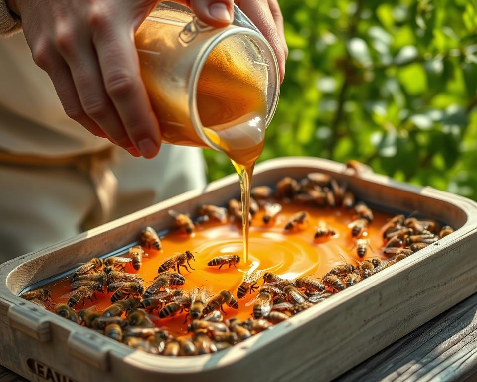 A vibrant, close-up scene of a beekeeper's hands carefully pouring thick, golden sugar syrup into a shallow tray, surrounded by a swarm of busy honeybees eagerly gathering the nourishing liquid. The bees' delicate wings flutter in the soft, diffused natural light, their fuzzy bodies covered in pollen as they dip in to feed. The tray sits on a weathered wooden surface, with lush, green foliage framing the background, creating a serene, pastoral atmosphere. The focus is sharp on the syrup's glistening surface and the bees' intricate details, conveying the nurturing, symbiotic relationship between bees and their human caretakers.