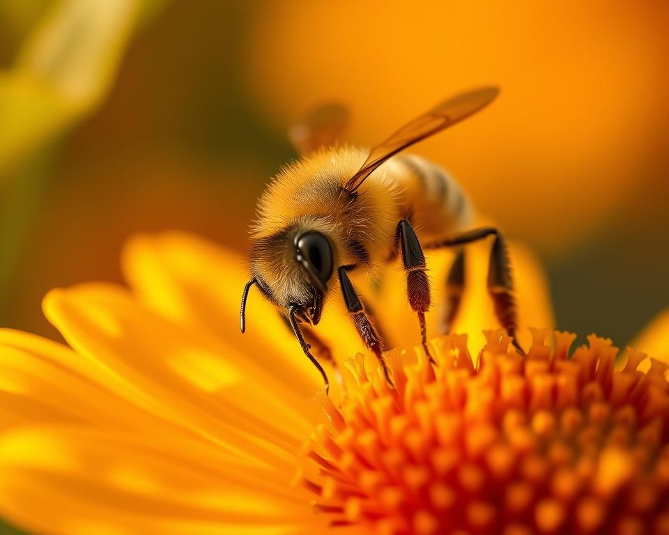A vibrant, close-up scene of a honey bee feeding on a lush, blooming flower. The bee's delicate, fuzzy body is in sharp focus, its proboscis extended as it sips nectar from the flower's bright petals. The background is softly blurred, creating a dreamy, ethereal atmosphere that highlights the bee's industrious activity. Warm, golden lighting bathes the scene, lending a natural, organic feel. The composition emphasizes the symbiotic relationship between the bee and the flower, reflecting the seasonal feeding strategies essential for bee health and colony thriving.