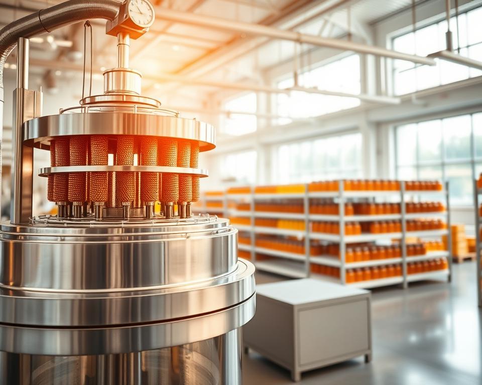 a commercial honey extractor in a bright, modern honey production facility. the extractor is positioned in the foreground, its stainless steel construction gleaming under warm, directional lighting. the device features multiple spinning frames and a large transparent extraction chamber, showcasing the honey extraction process. in the middle ground, shelves of filled honey jars line the walls, ready for packaging and distribution. the background depicts an airy, open-concept workspace with high ceilings and large windows, flooding the scene with natural light and a sense of efficiency and productivity. the overall atmosphere conveys a professional, state-of-the-art honey processing operation, ready to maximize yield and enhance the honey business.
