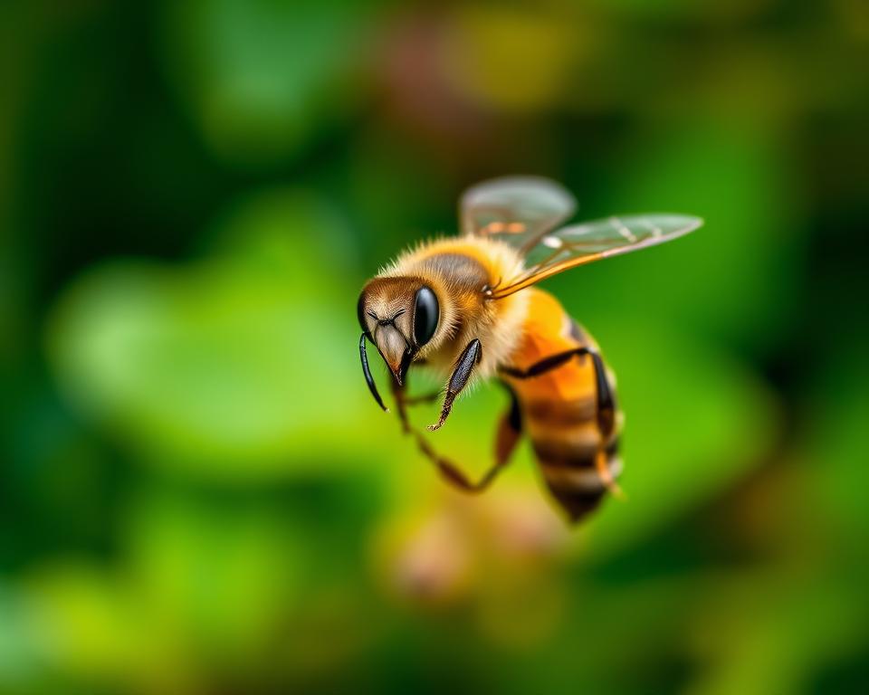 a high-resolution photograph of a honey bee against a blurred, out-of-focus background of lush, green foliage. the bee is in sharp focus, its intricate body structure and compound eyes clearly visible. the bee appears healthy and vibrant, with its wings outstretched in a dynamic pose, suggesting a sense of energy and vitality. the lighting is soft and diffused, creating a warm, natural feel. the composition emphasizes the bee's central role, with the background providing a complementary, organic context. the overall image conveys the idea of a honey bee's robust immune system and the health benefits it can provide.